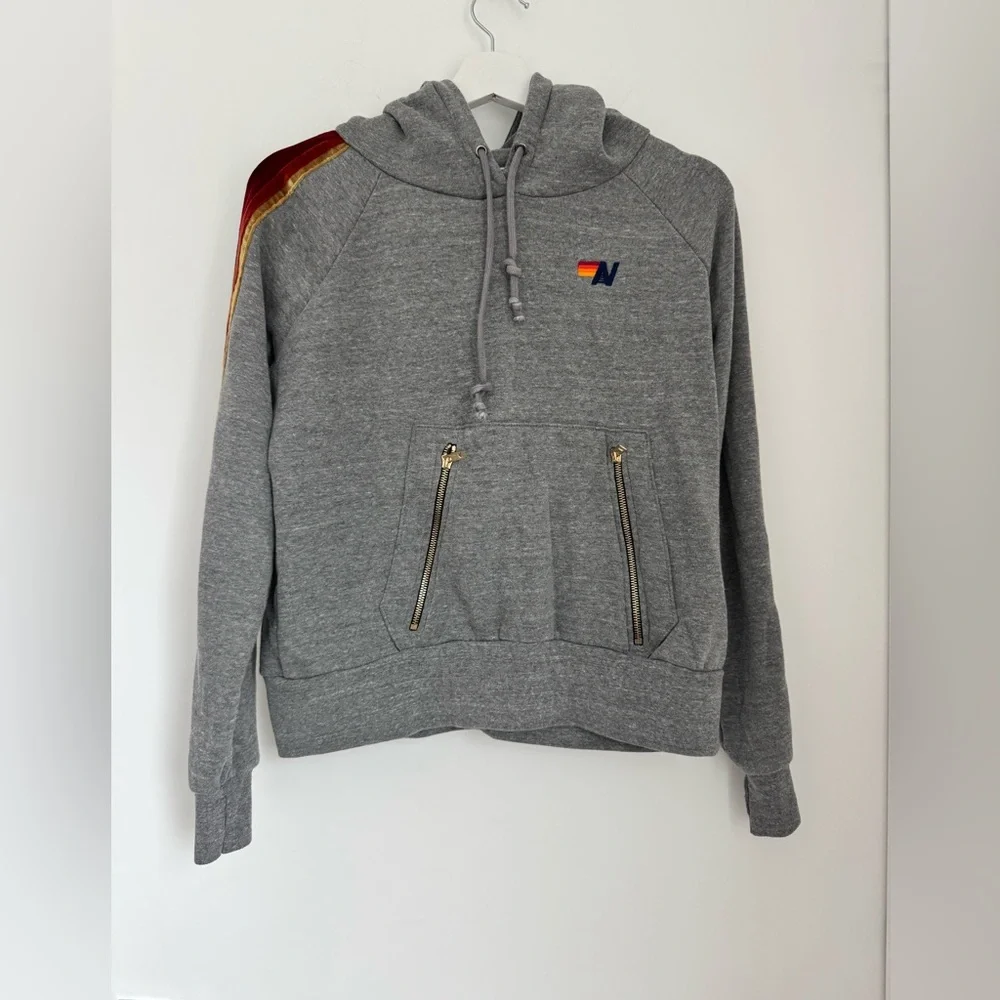 Aviator Nation XS Gray Pullover Hoodie Velvet Stripes - Picture 4 of 8